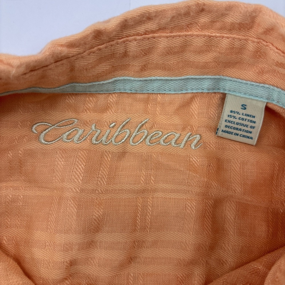 Caribbean Peachy Orange Linen Button Up Top Beachy Coastal Roll Tab Sleeve Small - Picture 3 of 10
